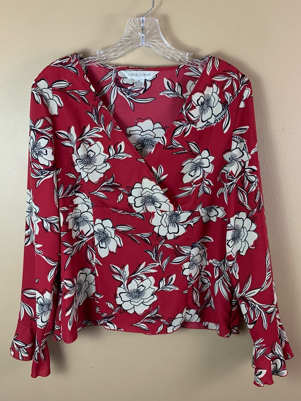 Vintage 90s Casual Corner Blouse Womens 8 Red Floral Ruffle Trim Sleeve Y2K